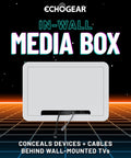 Image of 9 Inch In Wall TV Media Box With Hidden Cable Management And Recessed Outlet For Roku Apple TV Fire TV Stick And Samsung One Connect Mini displayed on a futuristic grid background.