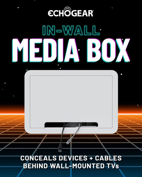 Image of 9 Inch In Wall TV Media Box With Hidden Cable Management And Recessed Outlet For Roku Apple TV Fire TV Stick And Samsung One Connect Mini displayed on a futuristic grid background.