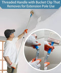 Person using Three Pack Deck Stain Brush Set 4 Inch 5 Inch 6 Inch with Threaded Handles and extension pole on wall stains.