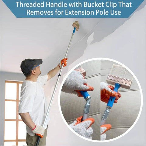 Person using Three Pack Deck Stain Brush Set 4 Inch 5 Inch 6 Inch with Threaded Handles and extension pole on wall stains.