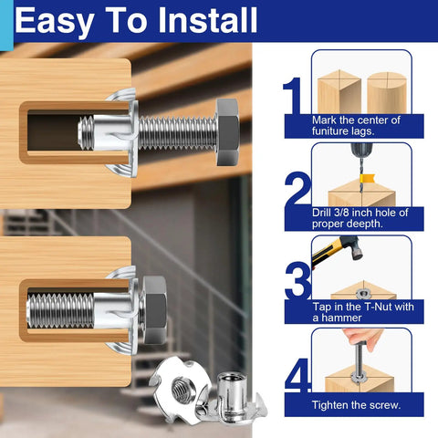 Image showing installation steps for 50 Pack Three Eighth Inch 16 T Nuts For Wood Zinc Plated Carbon Steel Four Prong Tee Inserts.
