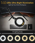 Ultra Long Swing Arm Desk Magnifier With Light 12X for close detail work, shown over a desk with 146 LEDs, various lighting modes.