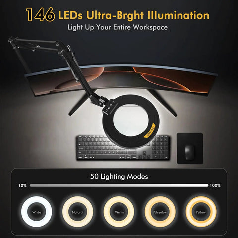 Ultra Long Swing Arm Desk Magnifier With Light 12X for close detail work, shown over a desk with 146 LEDs, various lighting modes.