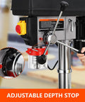 Heavy Duty 15 Inch Floor Drill Press With Rock Solid 7.5 Amp Pure Copper Motor And Slick Variable Speed Up To 3084 RPM features adjustable depth stop.
