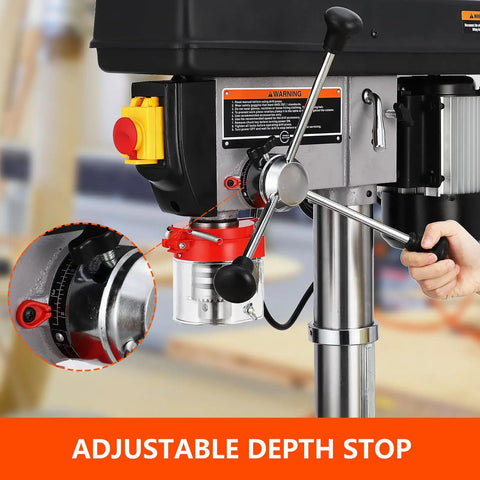 Heavy Duty 15 Inch Floor Drill Press With Rock Solid 7.5 Amp Pure Copper Motor And Slick Variable Speed Up To 3084 RPM features adjustable depth stop.
