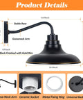 Product details of Gooseneck Barn Outdoor Light Fixture Set Of 2, farmhouse style with matte black finish and gold rim, IP65 rating.