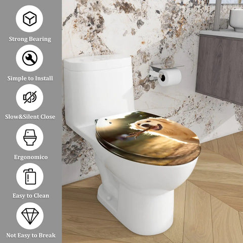 Elongated Toilet Seat Quiet Close Hinges Bathroom with a golden retriever print, installed on a modern toilet, easy to clean.