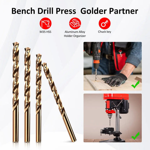 Cobalt Drill Bit Set M35 HSS 13 Piece One Sixteenth Inch To One Quarter Inch Twist Bits For Stainless Steel Hardened Steel Cast Iron Plastic And Wood