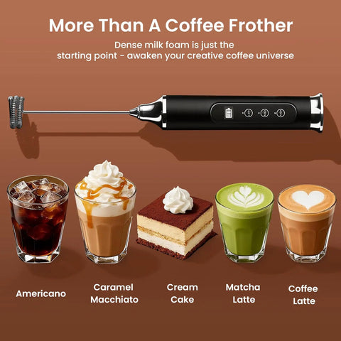 Rechargeable Milk Frother Wand For Coffee Handheld Electric Whisk IPX6 Waterproof shown beside assorted coffee drinks
