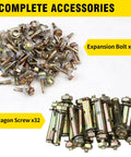 Image of 112 expansion bolts and 32 hexagon screws, labeled as complete accessories for assembly tasks.