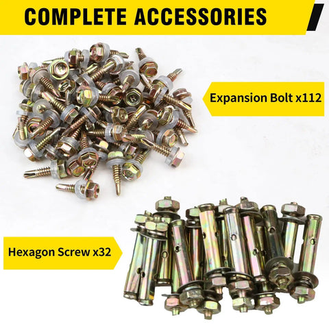 Image of 112 expansion bolts and 32 hexagon screws, labeled as complete accessories for assembly tasks.