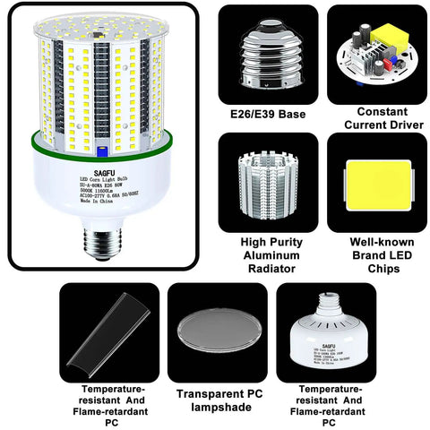 80W LED Corn Light Bulb 5000K Daylight White 2 Pack 800W Equivalent Dimmable E26 E39 Base For Indoor Outdoor Use Diagram