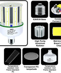 80W LED Corn Light Bulb 5000K Daylight White Two Pack 800W Equivalent for indoor and outdoor use, E26 E39 base, component details.