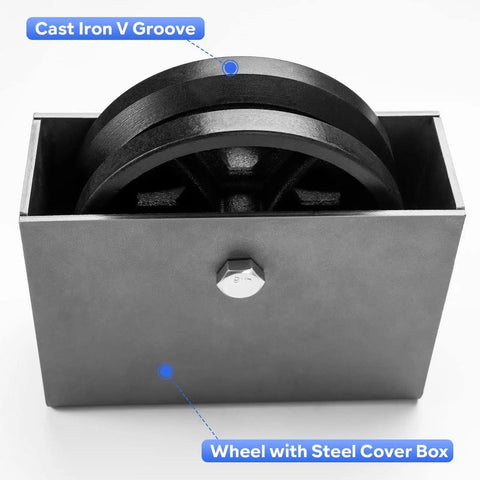 Built Like A Tank 6 Inch By 2 Inch Cast Iron V Groove Sliding Gate Wheels With Welded Bracket Box Smooth Roll 1000 Pound Capacity Heavy Duty Industrial Driveway Caster Pack with steel cover box.