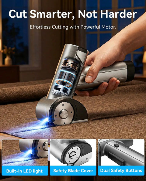 Get Electric Box Cutter At 320Rpm Speed. Ergonomic design with built-in LED, safety blade cover, cutting carpet effortlessly.