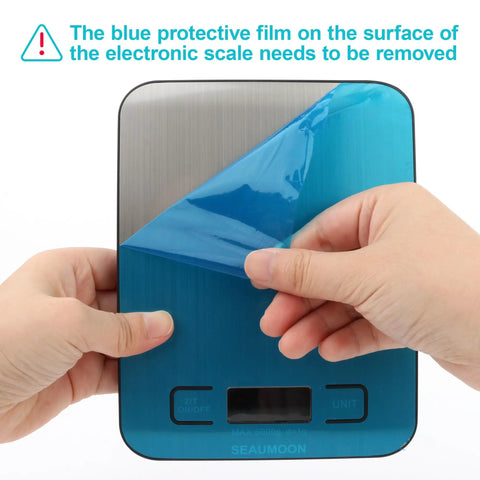 Hands peeling protective film off Pro Grade Kitchen Scale For Precision Cooking And Meal Prep With Stainless Steel Body And Clear LCD Display Tare Function Works In Grams Ounces And Milliliters From 1g To 11lb 5kg A Game Changer For Coffee And Baking