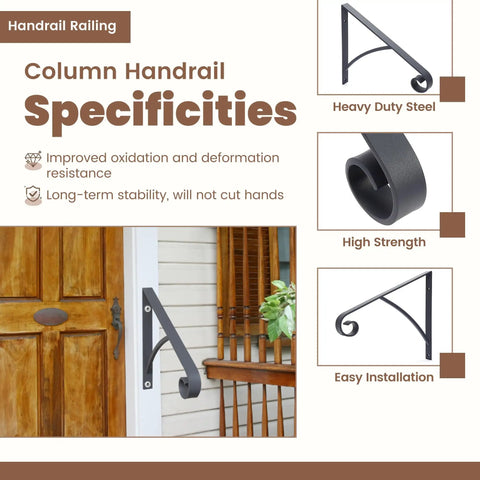 Industrial Grade Wall Mount Handrails For Outdoor Steps And Decks Featuring Wrought Iron Safety Rails With Curved Grips on a wooden door.
