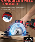 Six Inch Cordless Mini Circular Saw With Brushless Motor And 5900 RPM Blade Compatible With Milwaukee M18 Battery in use for precise cuts.