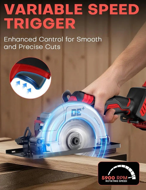 Six Inch Cordless Mini Circular Saw With Brushless Motor And 5900 RPM Blade Compatible With Milwaukee M18 Battery in use for precise cuts.