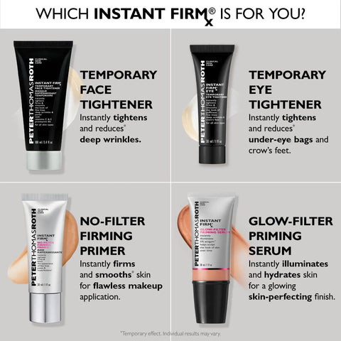 Display of four skincare products including Instant Skin Tightening Primer for face, highlighting blurring imperfections and firming.