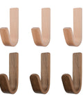 No Sweat Self Adhesive Wood Hooks, 6 Piece Set With Real Beech And Walnut Grain, rustic coat hooks in light and dark wood.