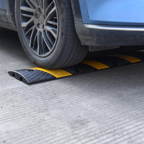 Heavy Duty Rubber Speed Bump 6 Foot Ramp With Integrated Cable Cover 72 Inch Long One Piece Installation under car tire