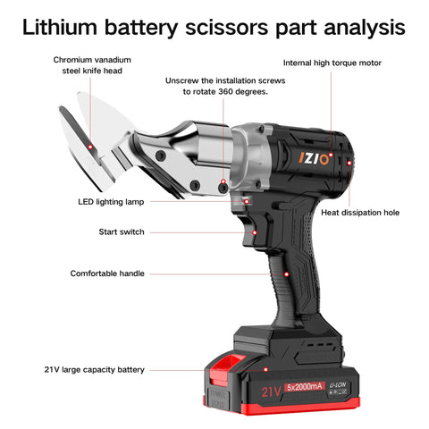 Diagram of Powerful 21V Cordless Electric Metal Shears With 2.0Ah Battery Chrome Vanadium Blade showing parts and features