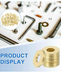 70 Pack Brass Flat Washers Set, 3mm ID, 8mm OD, 0.8mm Thick, displayed with bolts and screws for machinery repair.
