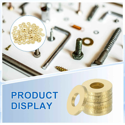 70 Pack Brass Flat Washers Set, 3mm ID, 8mm OD, 0.8mm Thick, displayed with bolts and screws for machinery repair.