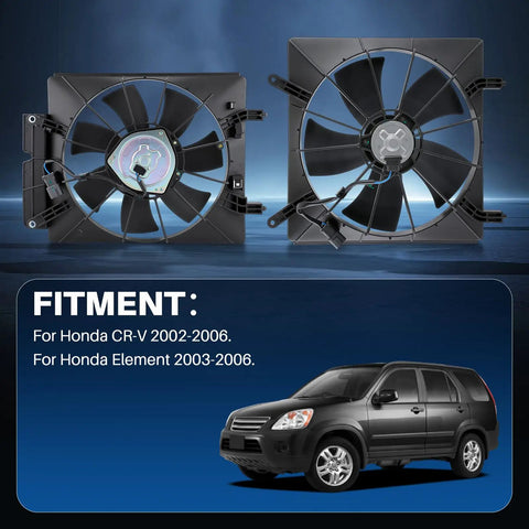Direct Swap Radiator Cooling Fan And AC Condenser Assembly For Honda Crv 2002 To 2006 close-up of two fan units for engine cooling.