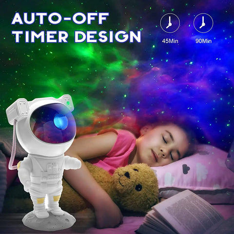 Awesome Astronaut Galaxy Projector Night Light with remote, illuminating a room with stars, set by a sleeping child holding a teddy.