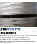 Image of Closed Push Type Seals For Three Quarters Inch Steel Strapping, showing packaging banding in use on steel coils.