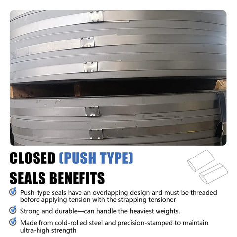 Image of Closed Push Type Seals For Three Quarters Inch Steel Strapping, showing packaging banding in use on steel coils.