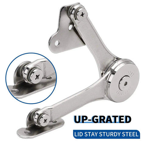 Heavy Duty Lid Support Hinge With Soft Close Folding Lid Stay, sturdy steel, adjustable open angles for cabinets and chests, close-up view
