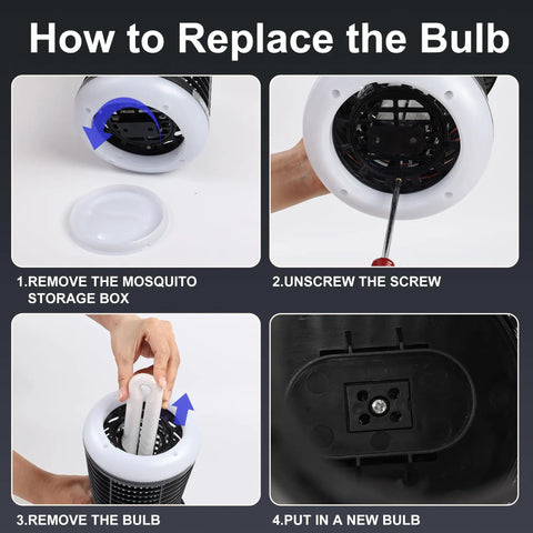 Steps to replace bulb of Outdoor And Indoor Mosquito Killer Zapper With Beastly 4200V High Powered Waterproof Design shown.