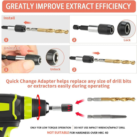 Quick change adapter for Left-Hand Drill Bit And Screw Extractor Set 25-Piece For Stripped And Damaged Bolts And Screws Easy Out Bolt Remover Kit Cobalt HSS Steel Bits Reversing Twist Drill Kit For Auto Garage Workshop