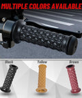 Vintage Non Slip Motorcycle Handlebar Grips in black, installed on a 7/8 inch 22mm and 1 inch 24mm bars, shown in various colors.