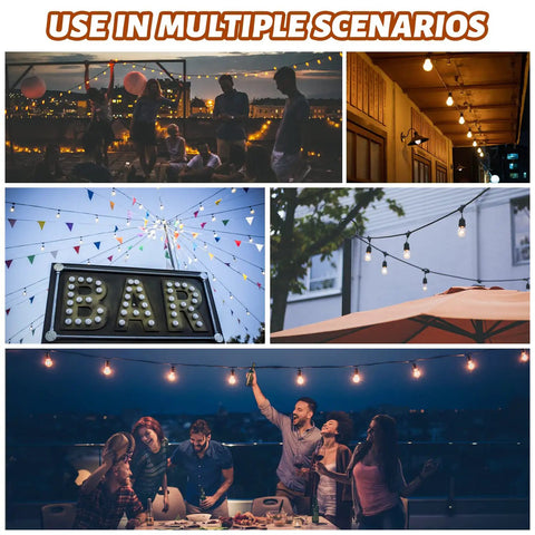 All In One Outdoor String Light Hanging Kit With 300 Ft Nylon Coated Stainless Steel Cable And Essential Accessories lit up in different settings