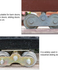 Heavy Duty Sliding Gate Pulley And Steel Rail Wheel Beefy 200kg Capacity Hanging Trolley For Industrial Sliding Doors With Quiet Roller And Easy Install Silver Track Roller Gate Hardware shown in use on sliding doors.