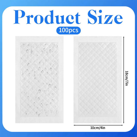 100 Piece Meat Absorbent Pads 4x7 Inch White Food Grade Soaker Pads for Meat and Fish Packaging, showing size dimensions