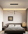 Bedroom view showcasing Totally Chic Geometric Modern LED Chandelier Three Light Pendant With Remote Dimmer and Adjustable Suspension Aluminum Matte Black Ceiling Light.