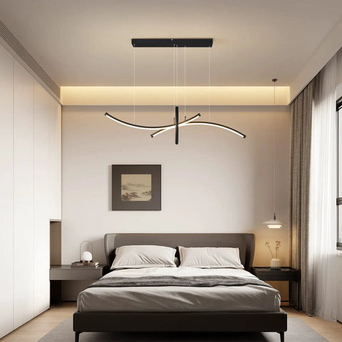 Bedroom view showcasing Totally Chic Geometric Modern LED Chandelier Three Light Pendant With Remote Dimmer and Adjustable Suspension Aluminum Matte Black Ceiling Light.