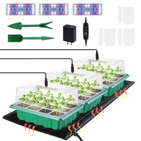 Top Notch Seed Starter Kit With Heat Mat And Grow Lights 3 Pack Trays With 36 Big Cells Adjustable Humidity Vents shown with seedlings