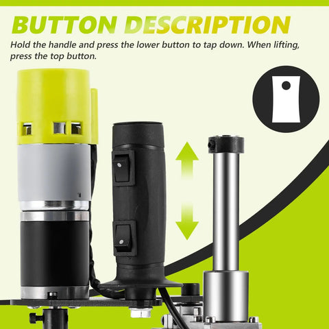 Electric Tapping Machine With Adjustable Tap Tool, Bench Vise, And Four Taps, handle and buttons close-up view