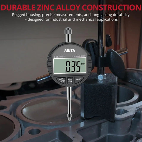 Pro Grade Digital Dial Indicator 1 Inch With 0.0005 Inch Resolution, LCD Readout in industrial setting, zinc alloy body.
