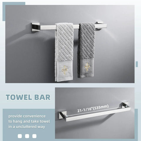 4 Piece Bathroom Hardware Set With Robe Hook Toilet Paper Holder Towel Holder And Towel Bar In SUS304 Stainless Steel Polished Chrome, towel bar detail and dimension