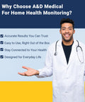Banner for A&D Medical UA-767FAC home blood pressure monitor; doctor in white coat with stethoscope.