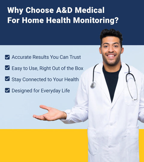 Banner for A&D Medical UA-767FAC home blood pressure monitor; doctor in white coat with stethoscope.