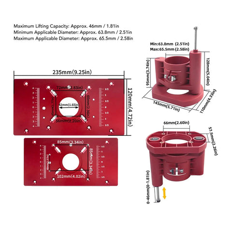 Dimensions of Beefed Up Router Lift System For Woodworking with ABS build, tenoning capabilities, fits 46 to 65.5mm motors, red color