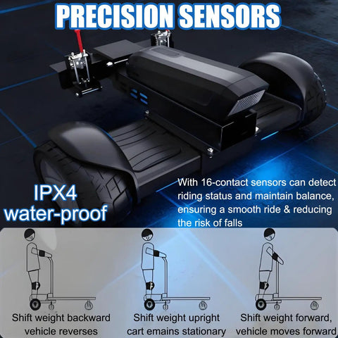 ErShangMao Motorized Flatbed Cart With 900W Dual Brushless Motor, 12kmH Electric Pallet Jack For Warehouse, showing precision sensors and waterproof feature.